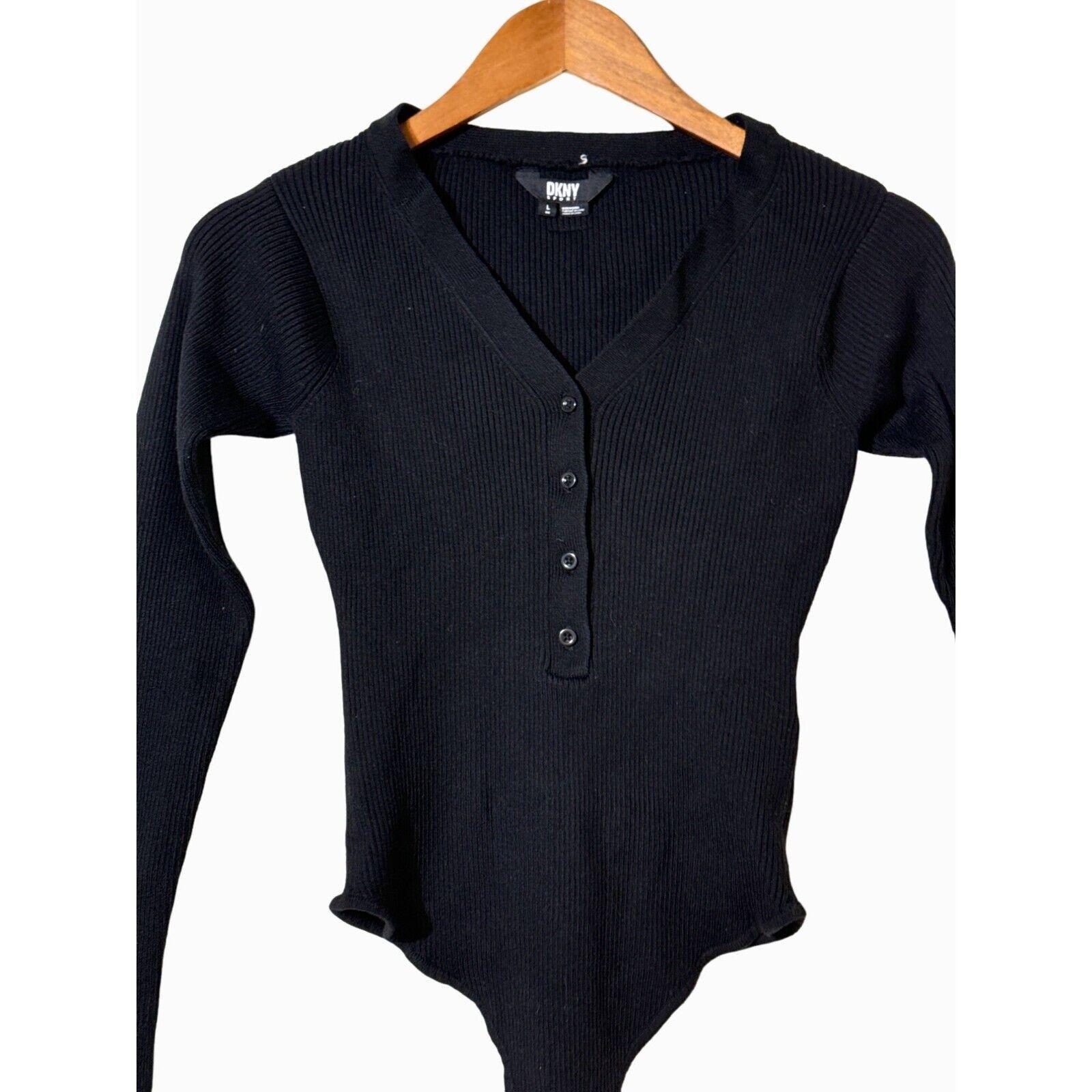 DKNY DKNY Black Ribbed Henley Long-Sleeve Bodysuit Medium Size L / US 10 / IT 46 - 2 Thumbnail
