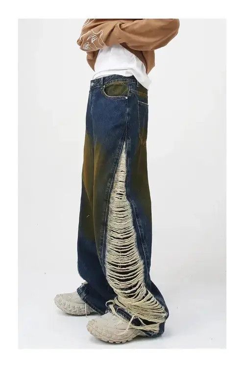 Retro punk distressed denim jeans pants