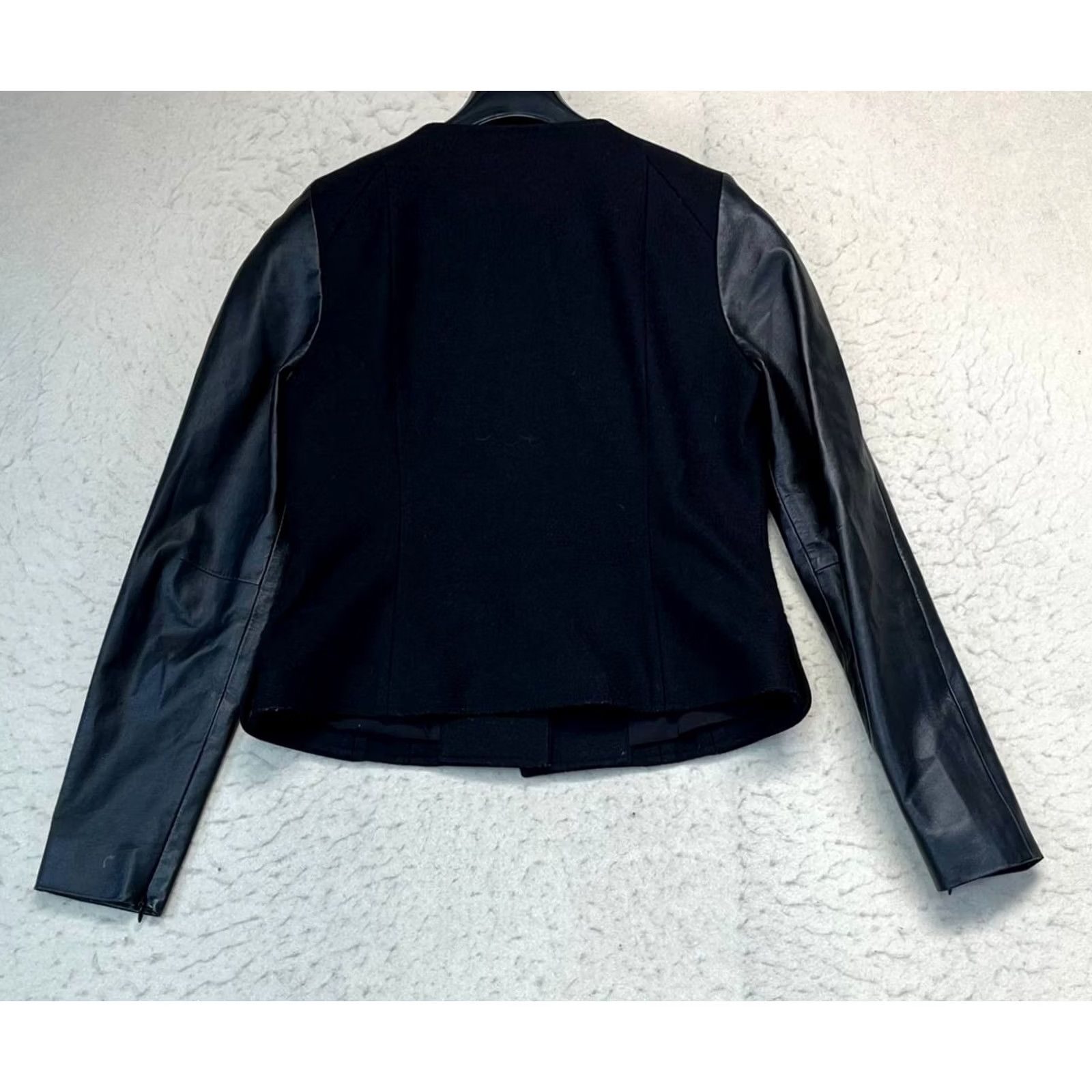 Vintage Valette Tweed Jacket Women’s Size M Black Contrast Leather Sleeve Moto Size M / US 6-8 / IT 42-44 - 2 Thumbnail