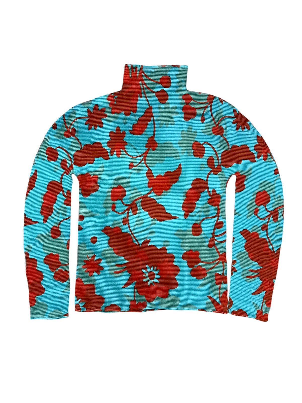 Pleats Please Issey Miyake Issey Miyake Floral Hi Neck Pleated Top In Turquoise Color Size S / US 4 / IT 40 - 2 Thumbnail