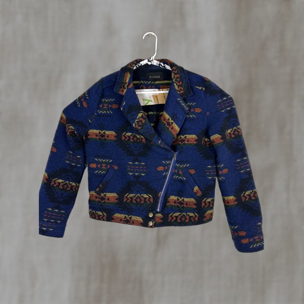 Vintage Blu Pepper Jacket Womens M Blue Zip Up Moto Style Southwest Aztec Cropped Size M / US 6-8 / IT 42-44 - 1 Thumbnail