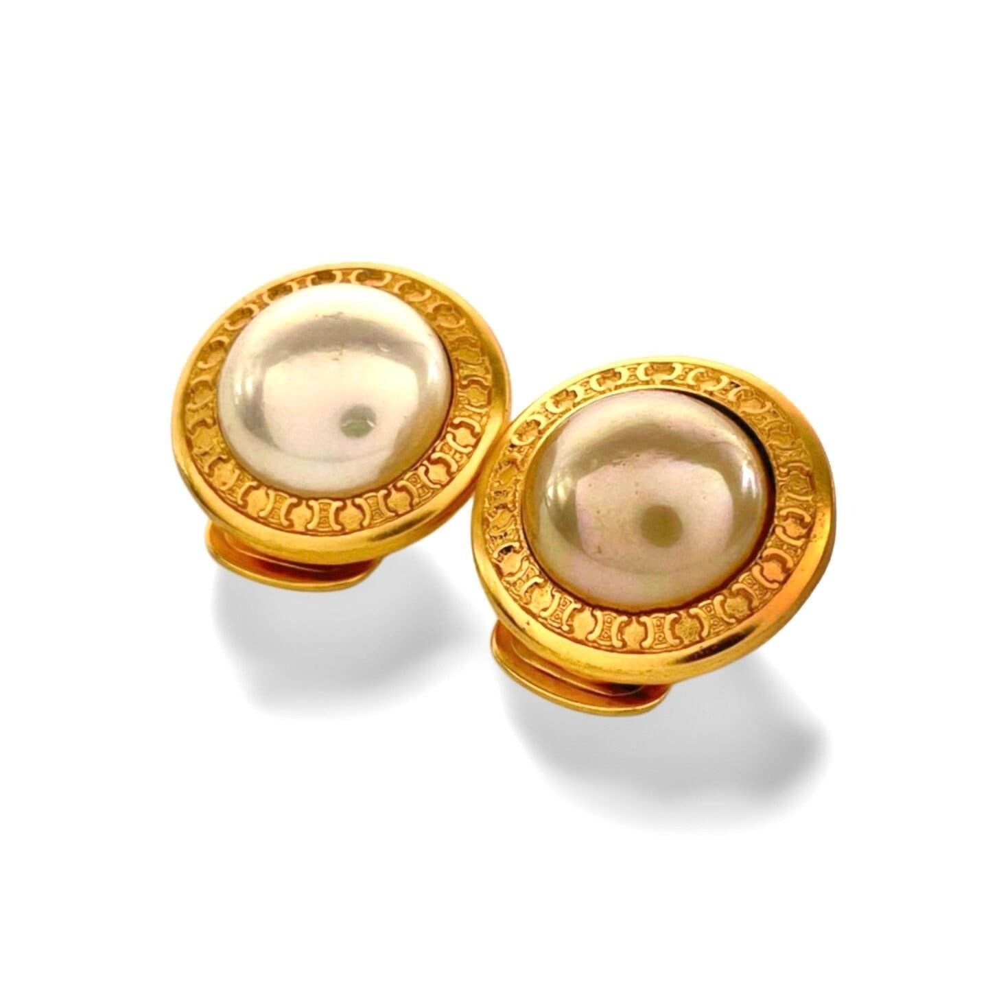 Celine Vintage Celine golden round frame faux pearl earrings. Size ONE SIZE - 1 Thumbnail