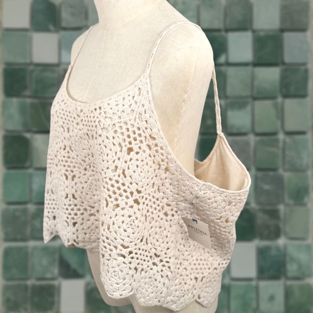 Vintage VINTAGE 70s Style Womens 2X Natural Crochet Cami Top Boho Scalloped Hem Festival Hippie Size XXL / US 16-18 / IT 52-54 - 1 Thumbnail