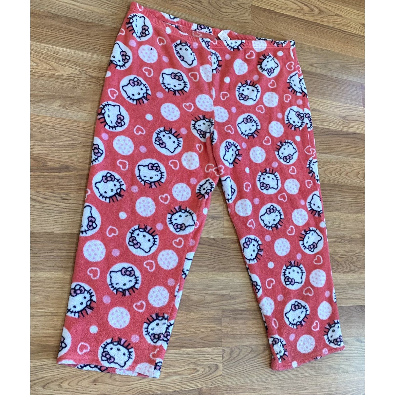 Vintage Sanrio Hello Kitty Pajama Pants Pink Peach 3XL Elastic Waist Womens Plus Fleece Sleep Pants 90s Whimsical Hearts Polka Dots Comfort Cozy Plush Size 40" / US 18 - 2 Thumbnail
