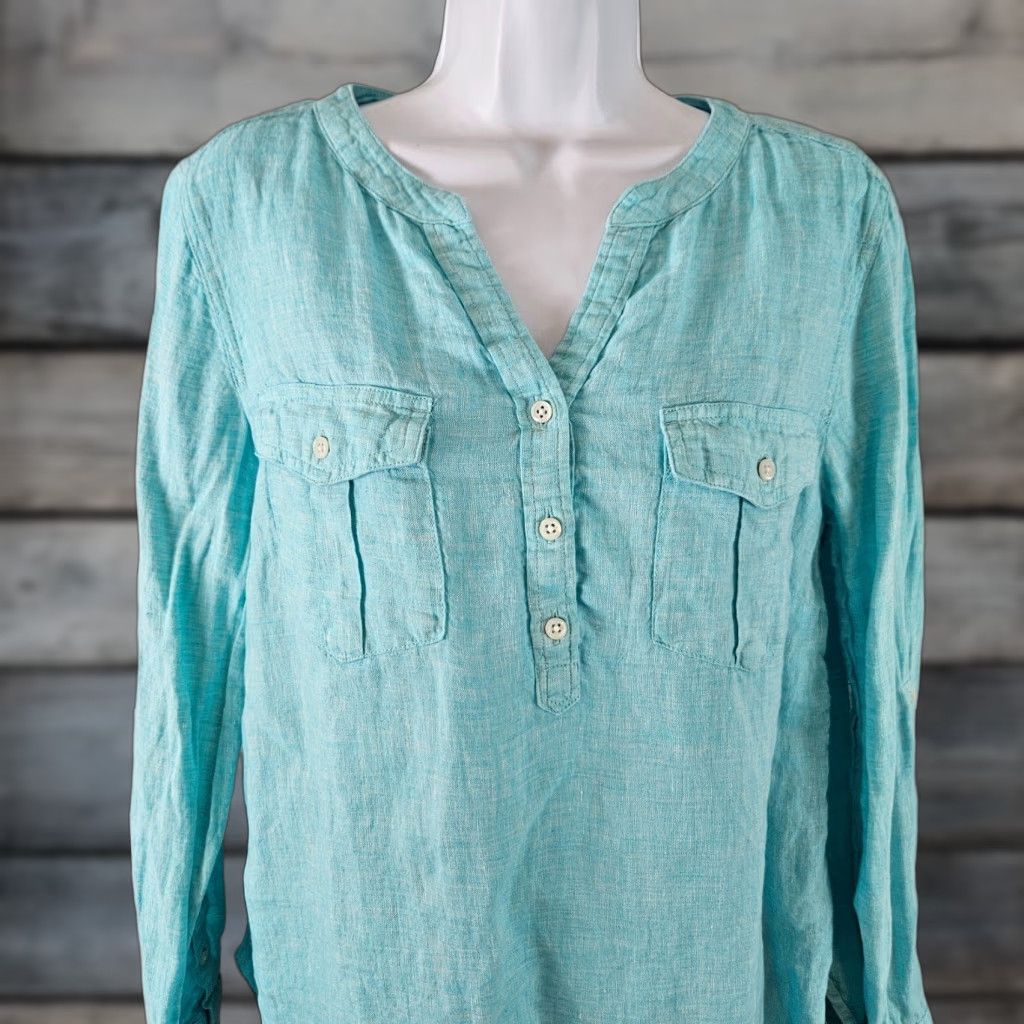 Talbots Talbots Womens Linen Popover Top Shirt Petite Large Aqua Long Sleeve]] Size L / US 10 / IT 46 - 1 Thumbnail