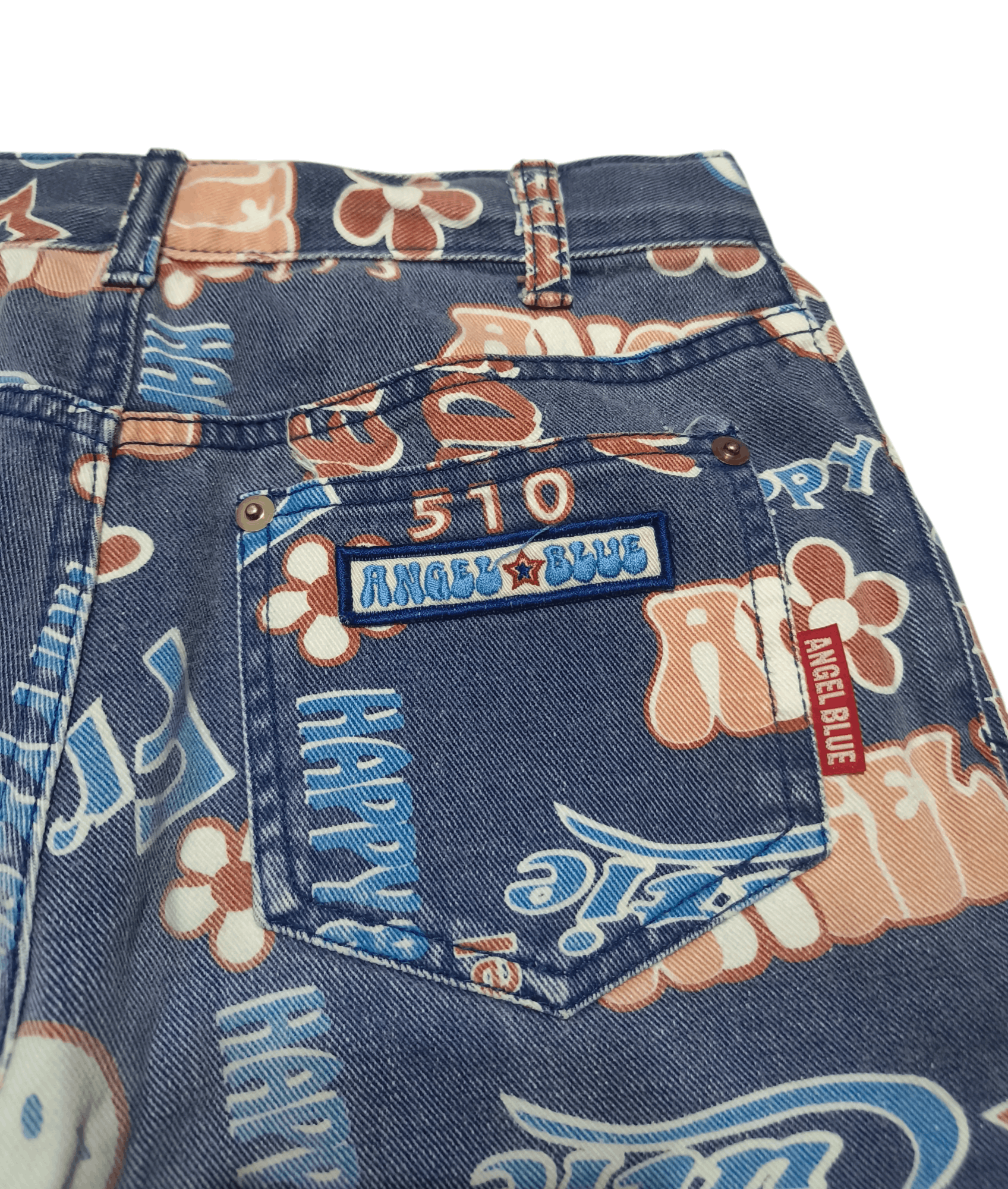 Vintage Y2K ANGEL BLUE Emoji Printed AOP Stretch Jeans Pants