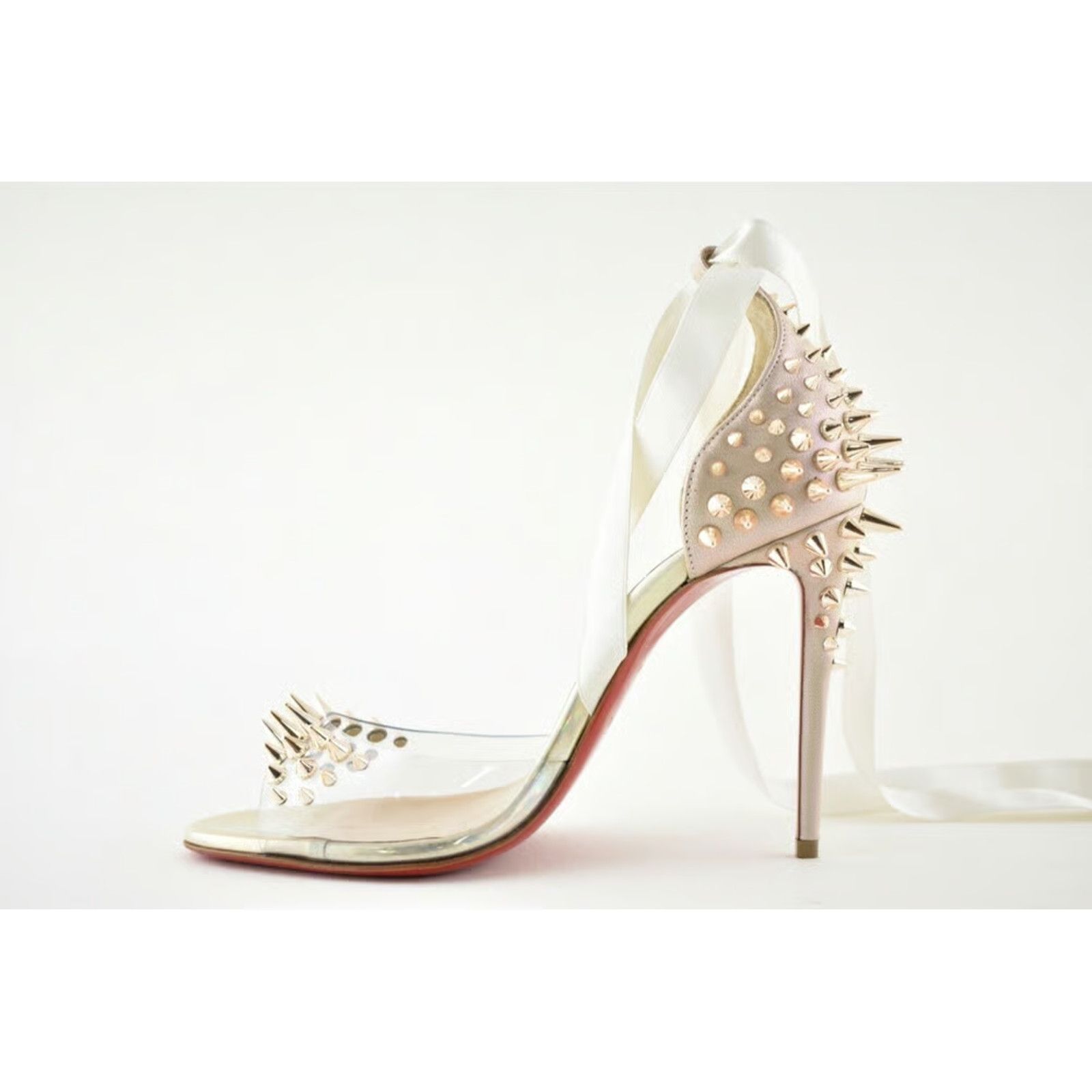Christian Louboutin Barbarissima 100 Nude Gold PVC Lace Up Sandal Heel Pump 35.5 Size US 5.5 / IT 35.5 - 10 Thumbnail
