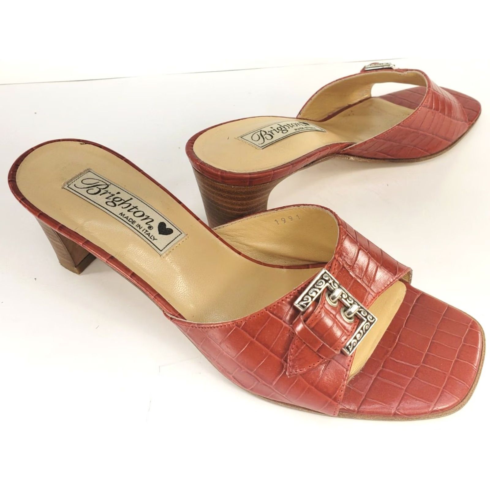 Brighton Brighton Tyler Croc Embossed Red Pump Sandals Women's 7 Slip On Leather M Heel Block Animal Print Slide Shoes, Italy, Handmade No, Vintage No Size US 7 / IT 37 - 2 Thumbnail