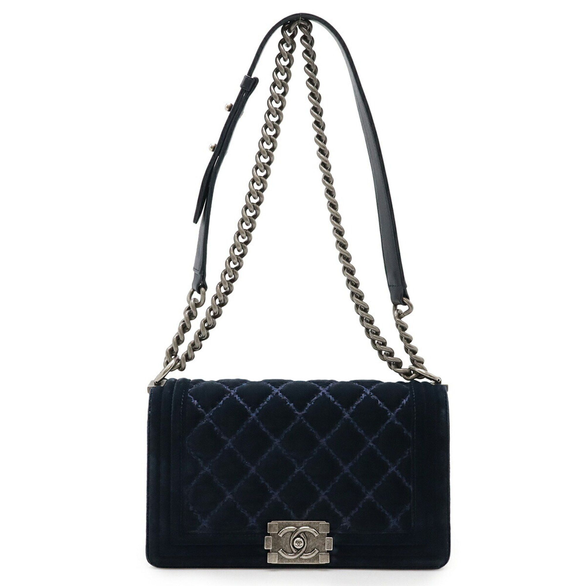 CHANEL Boy Chanel Coco Mark Chain Shoulder Bag Velour Navy A67086