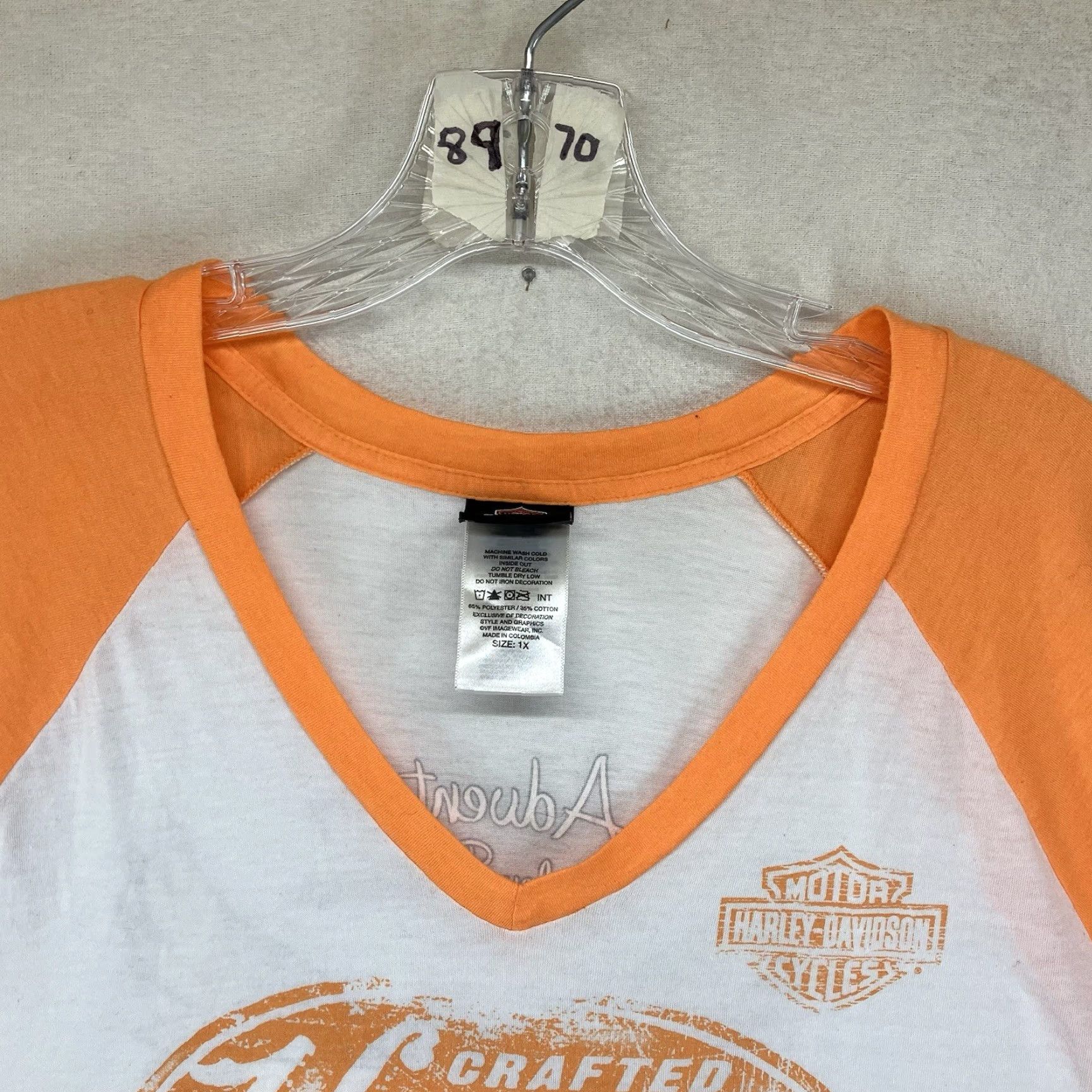 Harley Davidson Harley-Davidson Women's 1X Colorblock T-Shirt Creamsicle Retro Raglan Sleeve V-Neck Biker Motorcycle Size XL / US 12-14 / IT 48-50 - 6 Thumbnail