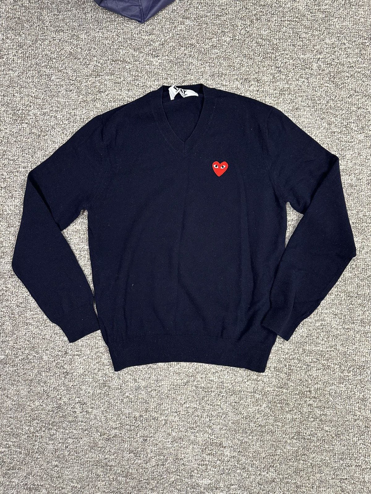 image of Comme Des Garcons Play Play V-Neck in Navy, Men's (Size Large)