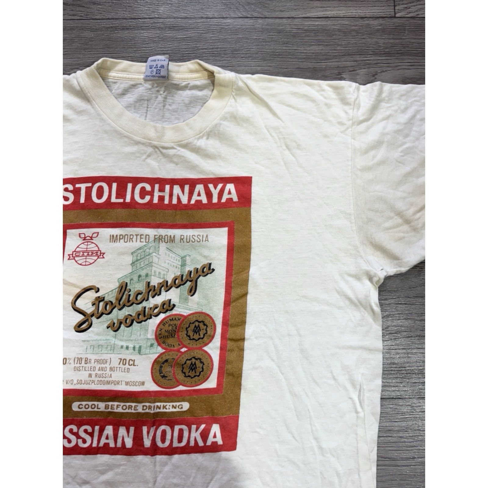 Vintage VTG Stolichnaya Russian Vodka T-Shirt XL White Unisex Adults Short Sleeve Cotton Promo Graphic Tee Size US XL / EU 56 / 4 - 5 Thumbnail