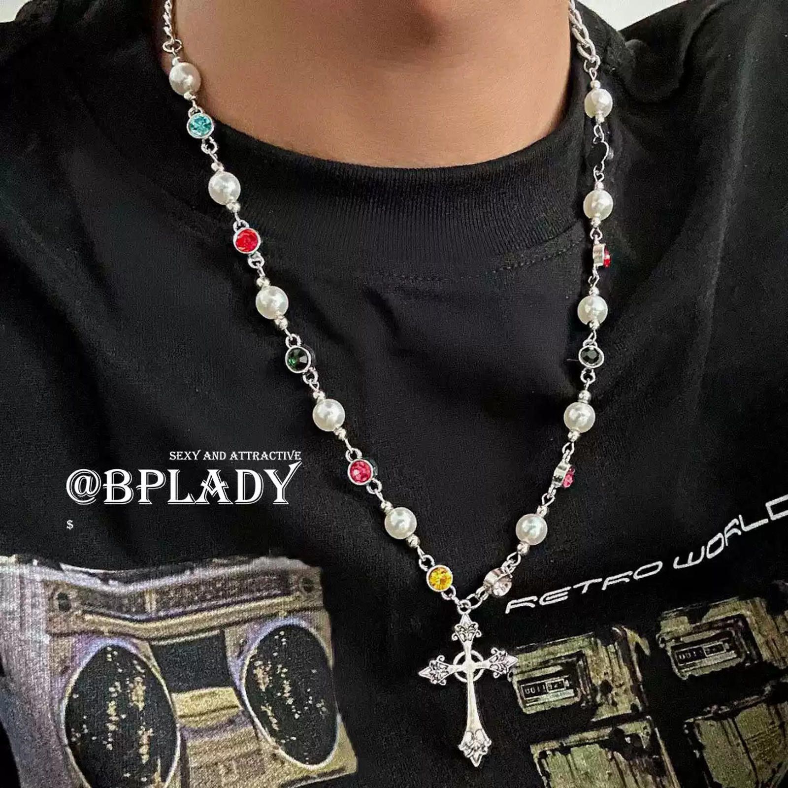 Jewelry Silver Cross Pendant Necklace with Colorful Beads Size ONE SIZE - 1 Thumbnail