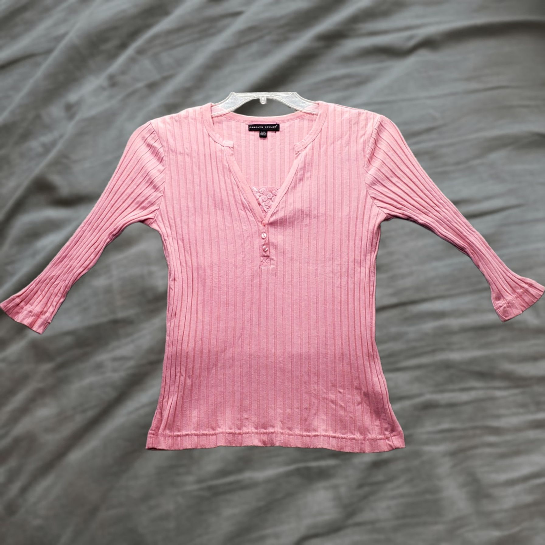 Vintage Carolyn Taylor Womens T-Shirt Pink 3/4 Sleeve V Neck Ribbed Top Slim Size S Size S / US 4 / IT 40 - 1 Thumbnail
