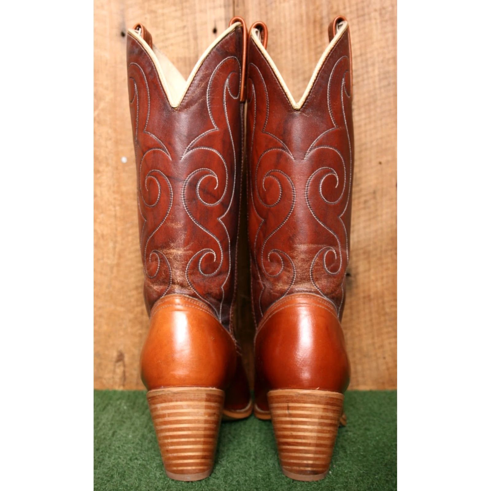 Vintage VINTAGE Acme Cognac Leather Synthetic Shaft Cowgirl Boots 3.25" Wood Heels 10M Brown Western Women Shoe/Boots Mens Size US 10 / IT 40 - 6 Thumbnail