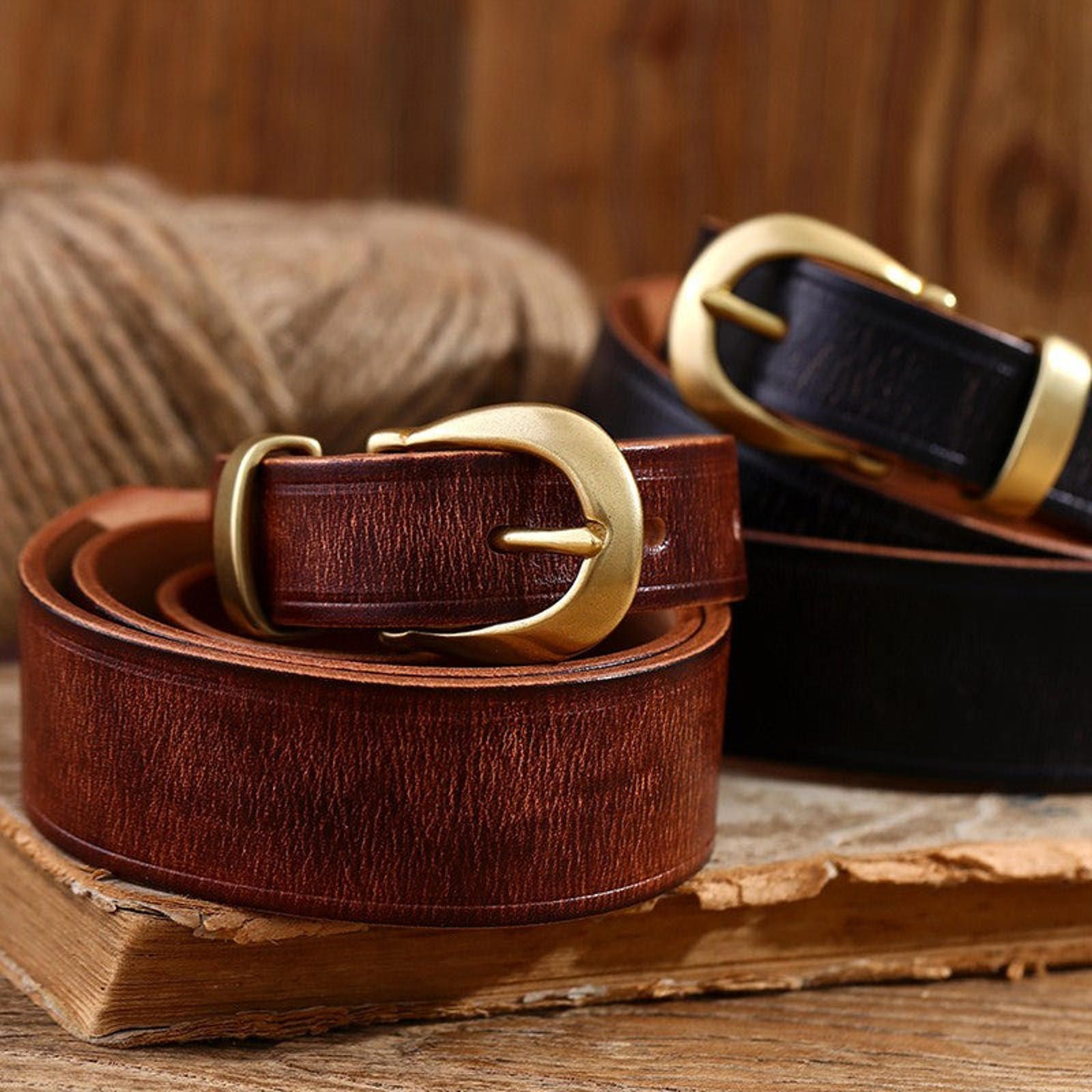 Leather Vintage Leather Belt – Brass Single Prong, Workwear Style Size ONE SIZE - 3 Thumbnail