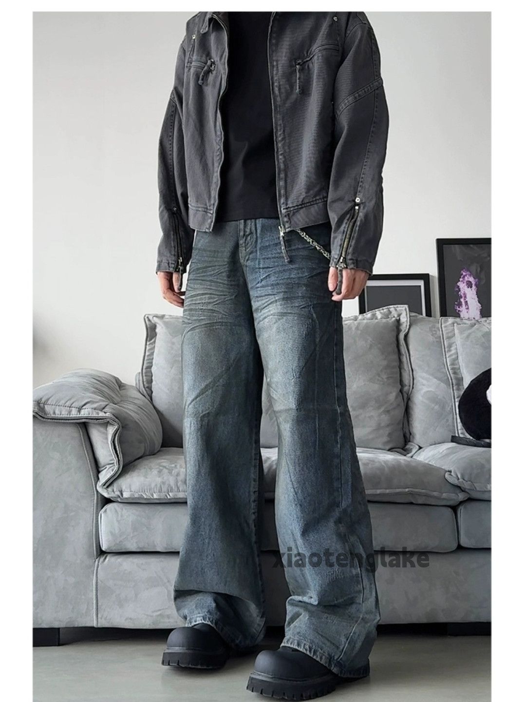 Jean Unisex washed faded loose baggy skate hiphop stain pants Size US 32 / EU 48 - 2 Thumbnail