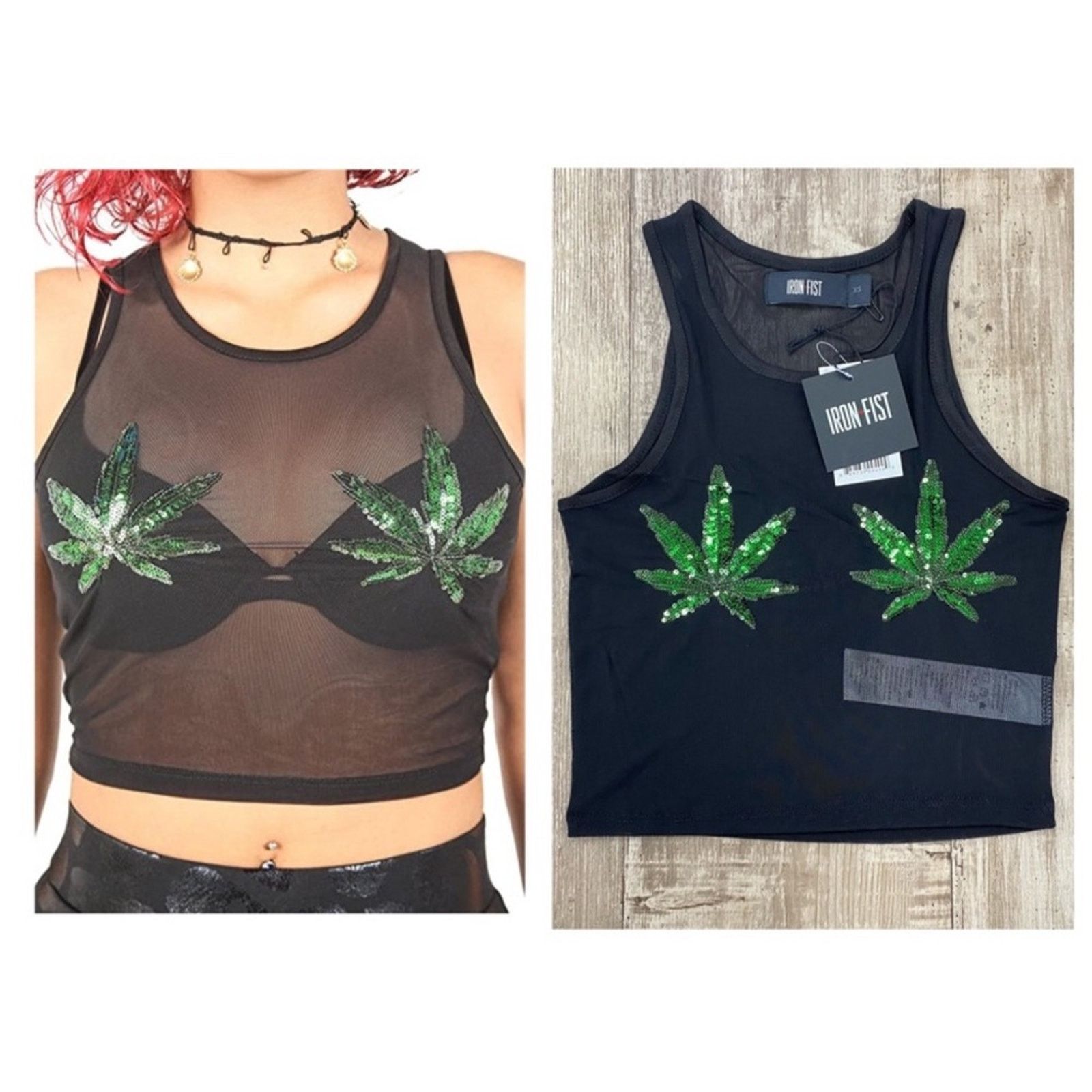 Iron Fist NEW! Iron Fist L Sheer Black Mary Jane Sequin Crop Tank Top Size L / US 10 / IT 46 - 4 Thumbnail