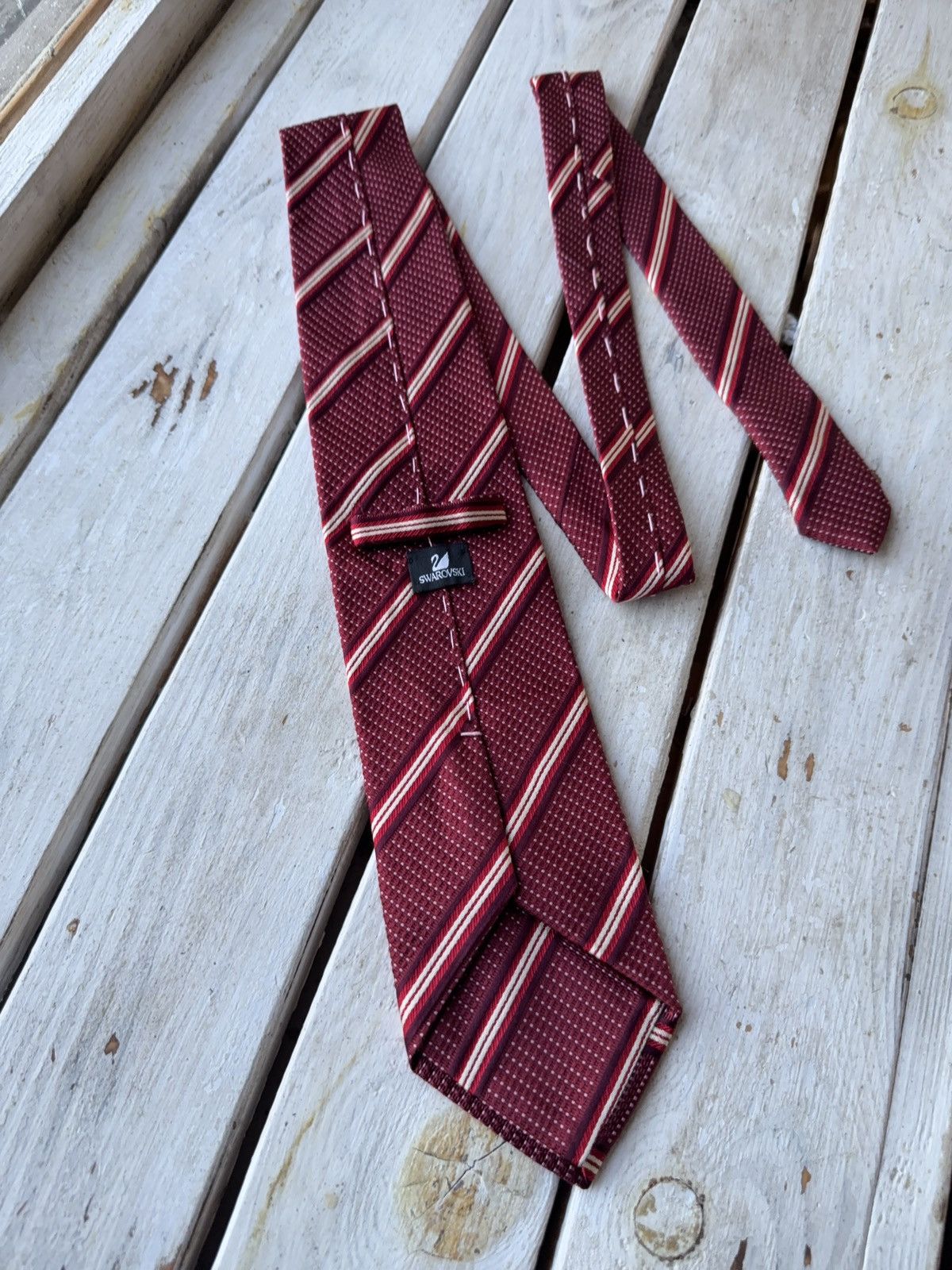 Designer × Swarovski Swarovski Burgundy Striped Tie – 100% Silk Classic Size ONE SIZE - 5 Thumbnail