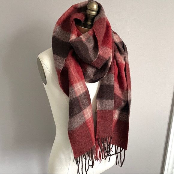 Other Red Brown Plaid Wool Fringed Scarf - 100% Wool, Unisex🧣 Size ONE SIZE - 4 Thumbnail
