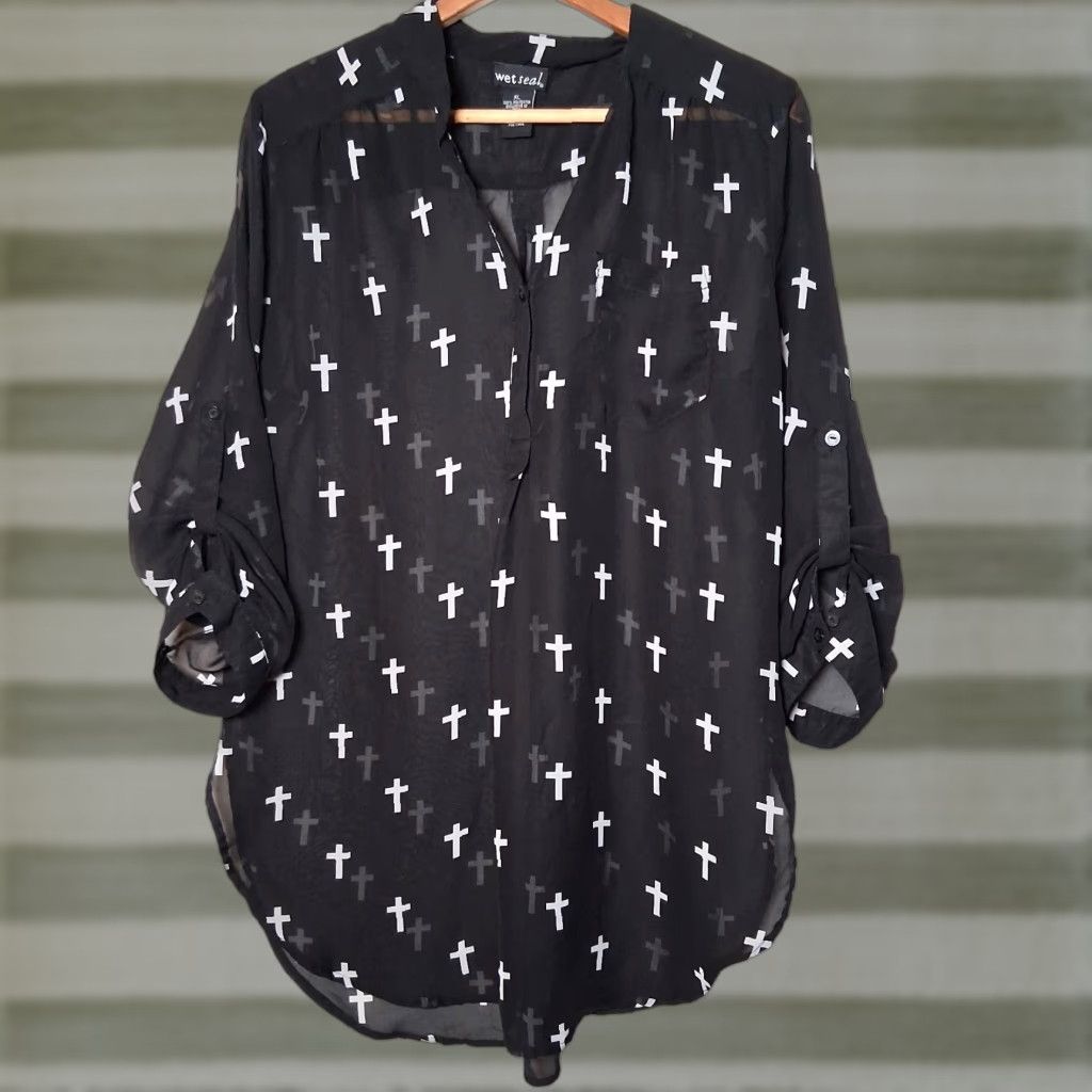 Vintage VINTAGE Emo Holy Cross Blouse XL Black Sheer Roll Tab Sleeve Henley Button Ladies Long Sleeve Gothic Casual Womens Size XL / US 12-14 / IT 48-50 - 1 Thumbnail