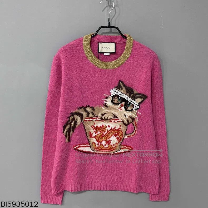 Gucci Gucci Pink diamond-inlaid cat knitted sweater Size S / US 4 / IT 40 - 2 Thumbnail