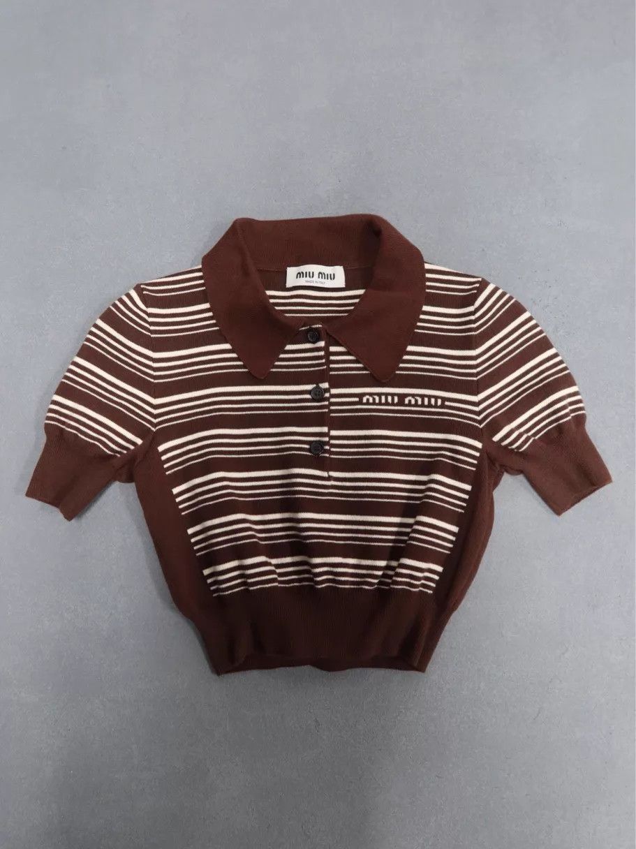 Miu Miu MIU MIU SS23 Knit Striped Logo Polo Shirt Tobacco Size XS / US 0-2 / IT 36-38 - 1 Thumbnail
