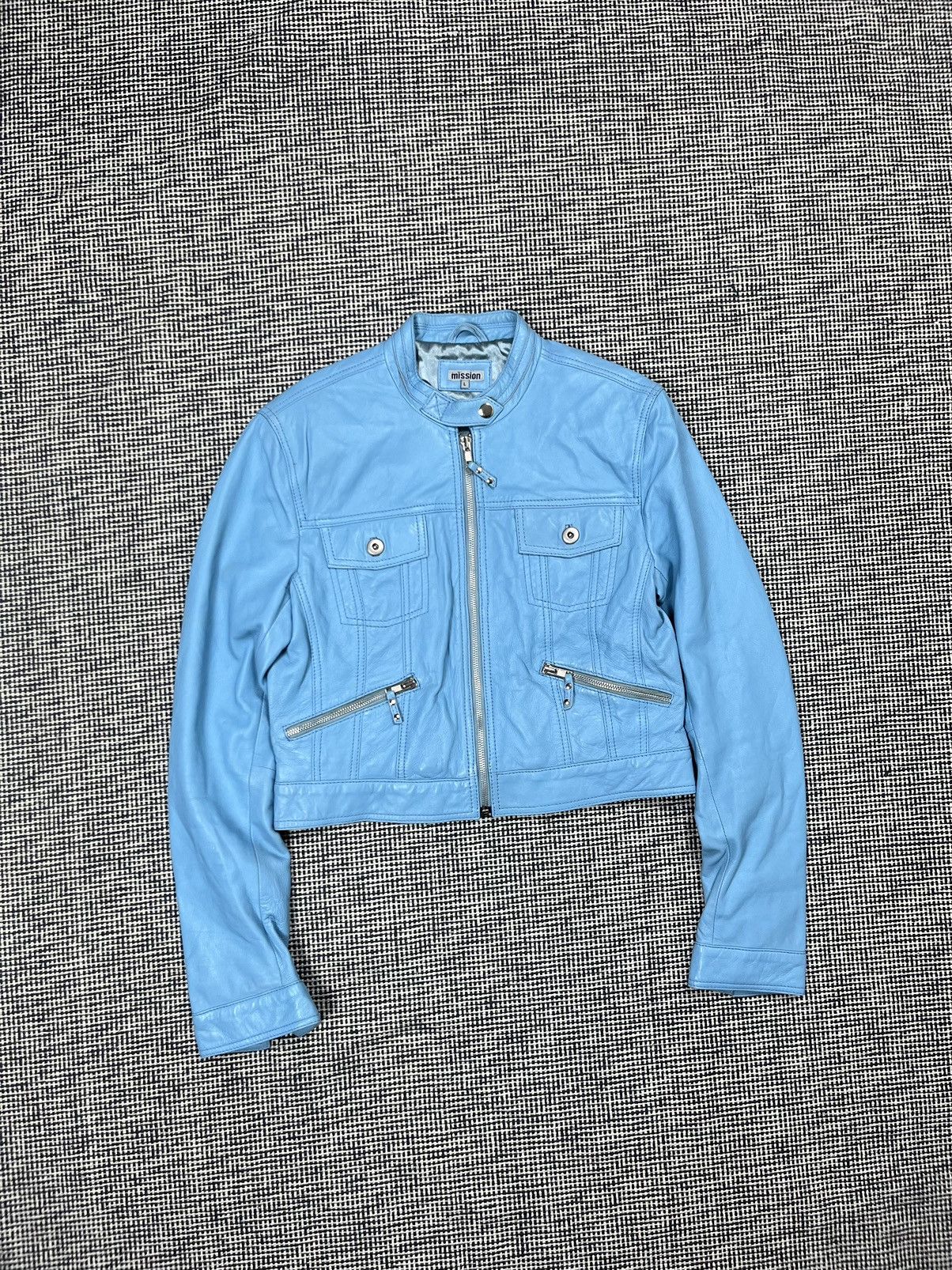 Leather Sky blue cropped genuine leather moto jacket avant garde Size L / US 10 / IT 46 - 1 Thumbnail
