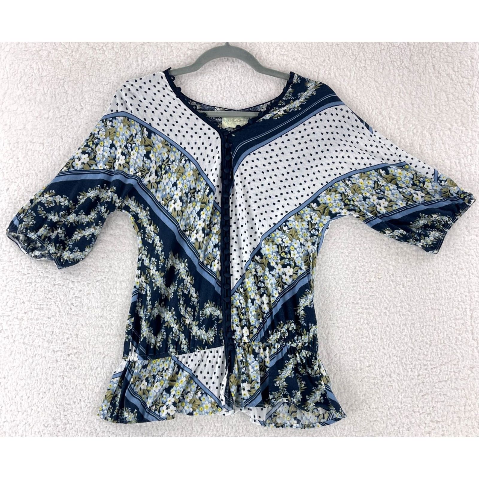 Vintage Deletta Blue Floral Mixed Media Short Sleeve Shirt Womens Pullover Size M Size M / US 6-8 / IT 42-44 - 2 Thumbnail