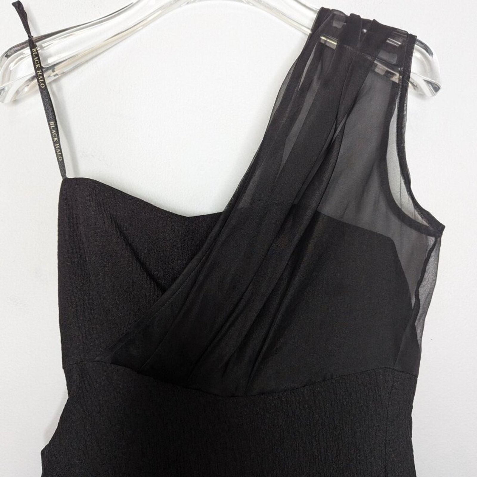 Black Halo Black One Shoulder Mini Dress Side Ruching Sheer