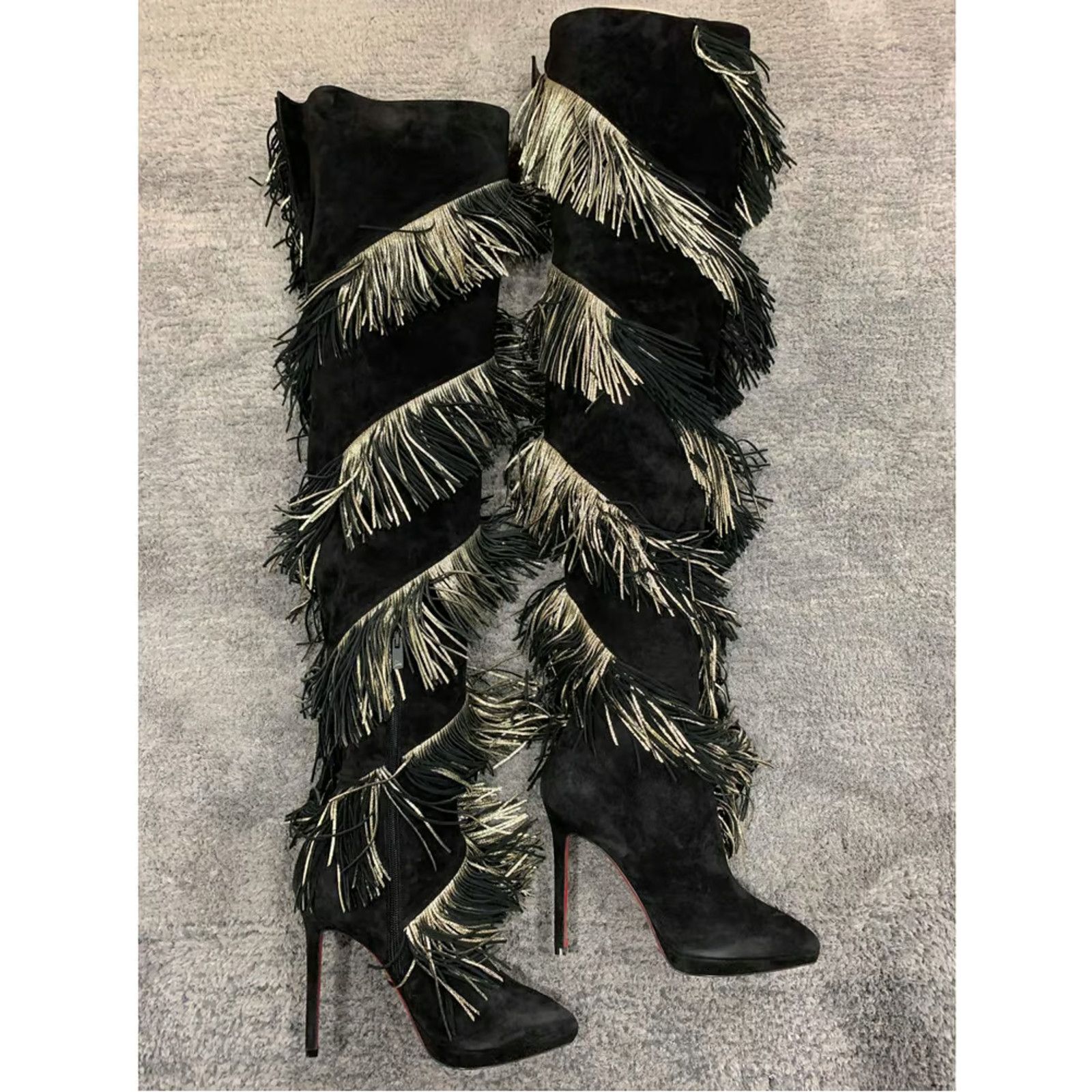 Christian Louboutin Christian Louboutin Bolcheva 120 Black Gold Fring Thigh High Size US 10.5 / IT 40.5 - 6 Thumbnail