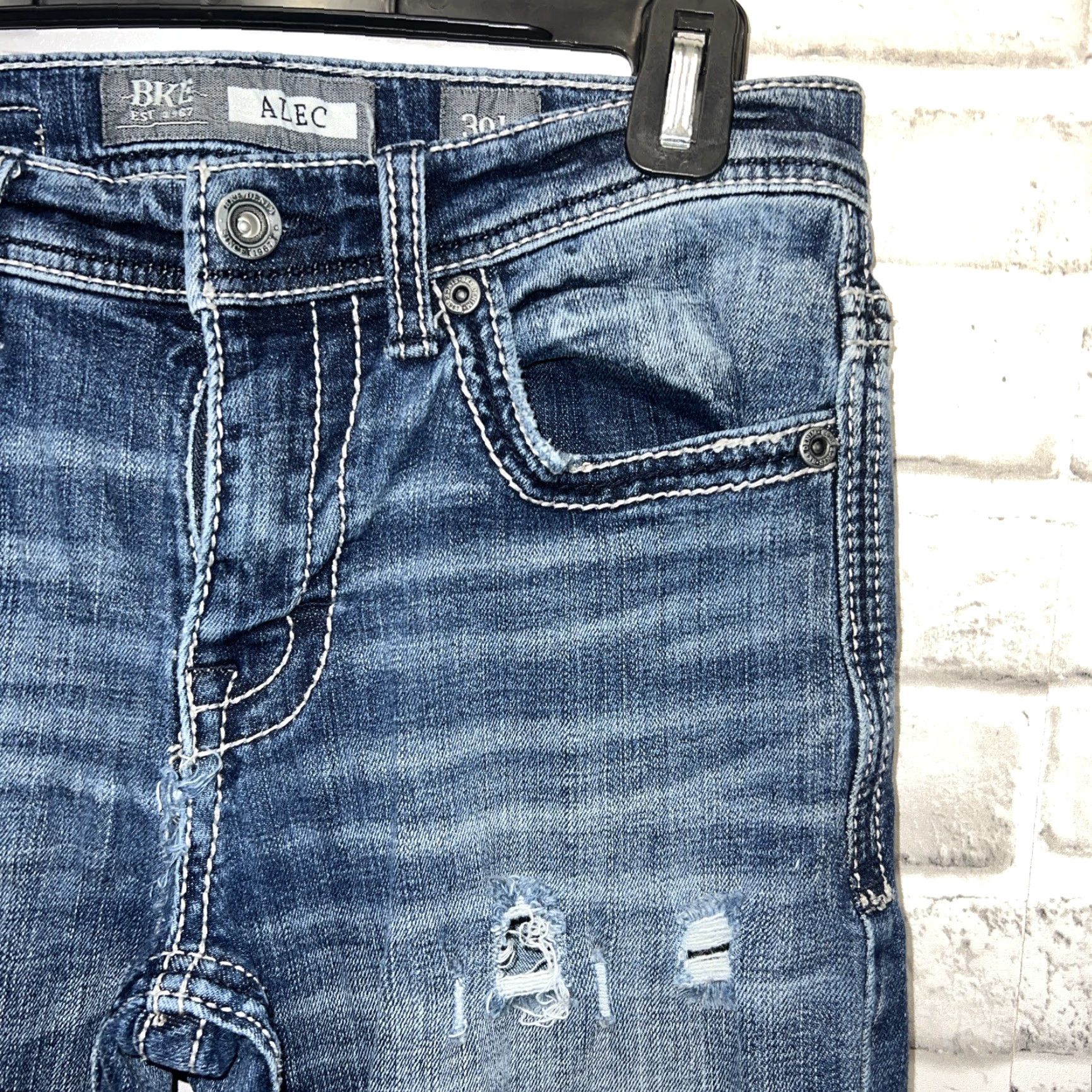 BKE BKE Alec Jeans Mens Straight Distressed Blue 30L x33 Regular 5-Pocket Denim Shirt? Size US 30 / EU 46 - 2 Thumbnail
