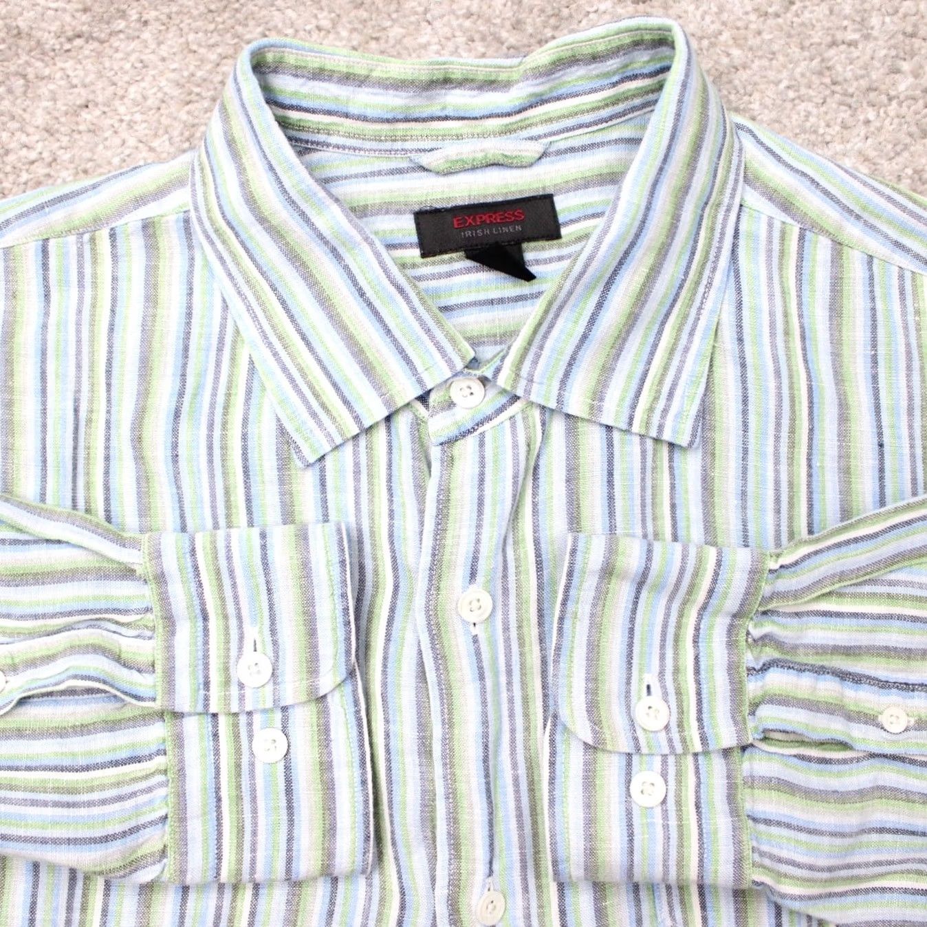 Express Express Shirt Mens XL Green/Blue Striped Long Sleeve Button-Up Irish Linen 90s Size US XL / EU 56 / 4 - 2 Thumbnail