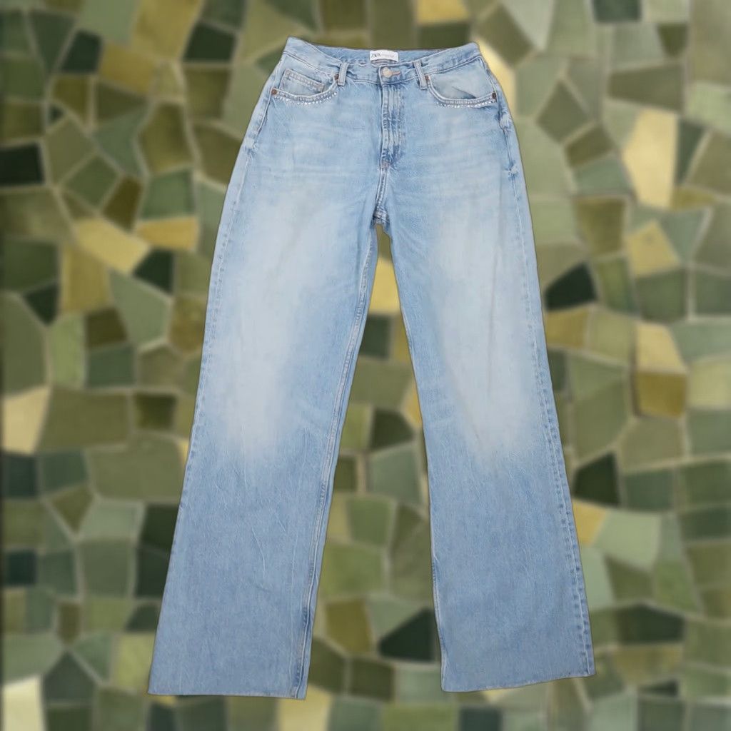Zara Zara Light Wash Blue Denim Wide Leg Jeans Rhinestone Gems Size 8 Size 30" / US 8 / IT 44 - 1 Thumbnail