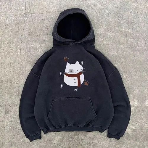 Japanese Brand Hoodie Black washed vintage Christmas cat print hoodie y2k Size US L / EU 52-54 / 3 - 3 Thumbnail