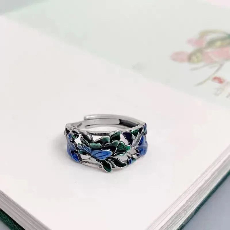 Jewelry Blue Green Enamel Craft Peony Flower Rings` Size ONE SIZE - 3 Thumbnail