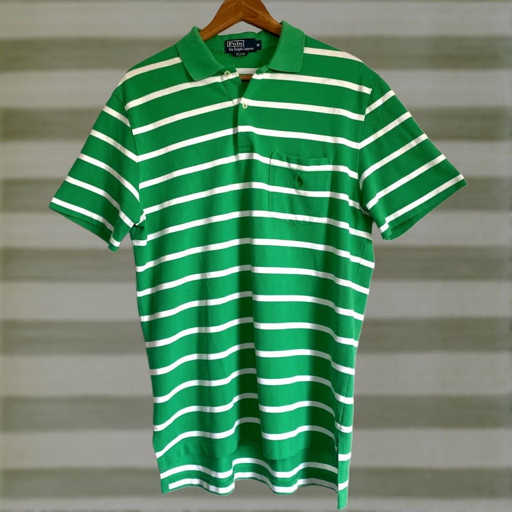Polo Ralph Lauren Polo Ralph Lauren Polo Shirt Striped Mens Short Sleeve Polo Shirt Sz M Vintage Green White Embroidered Logo Size US M / EU 48-50 / 2 - 1 Thumbnail
