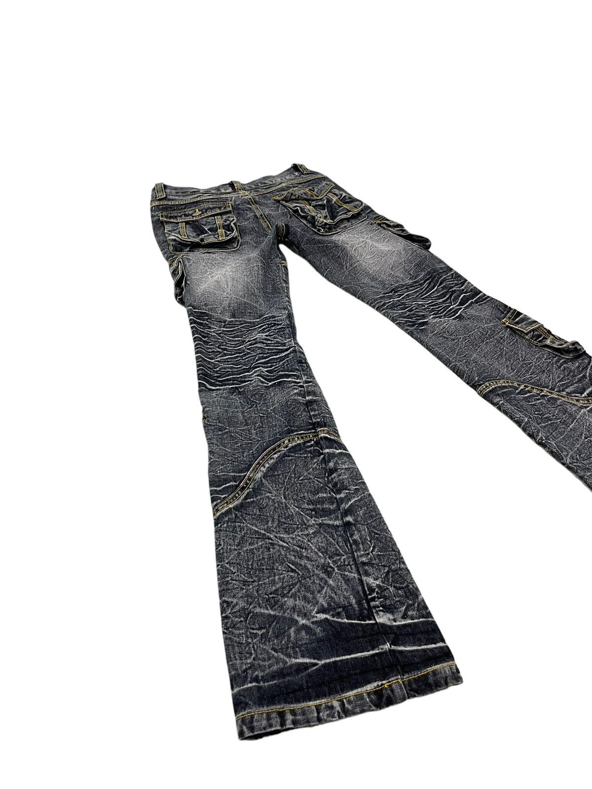 Japanese Brand Flare Jeans Cargo Low Box Crazy Faded Distress Boot Cut 6🟦2 Size US 29 - 14 Thumbnail