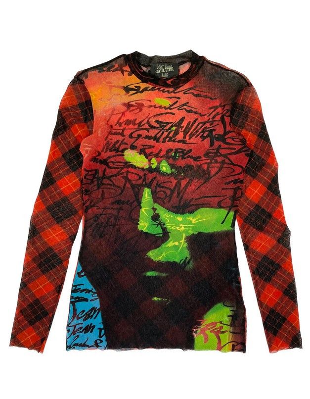 image of Jean Paul Gaultier Fight Racism Mesh Graffiti Tartan T-Shirt, Men's (Size Medium)