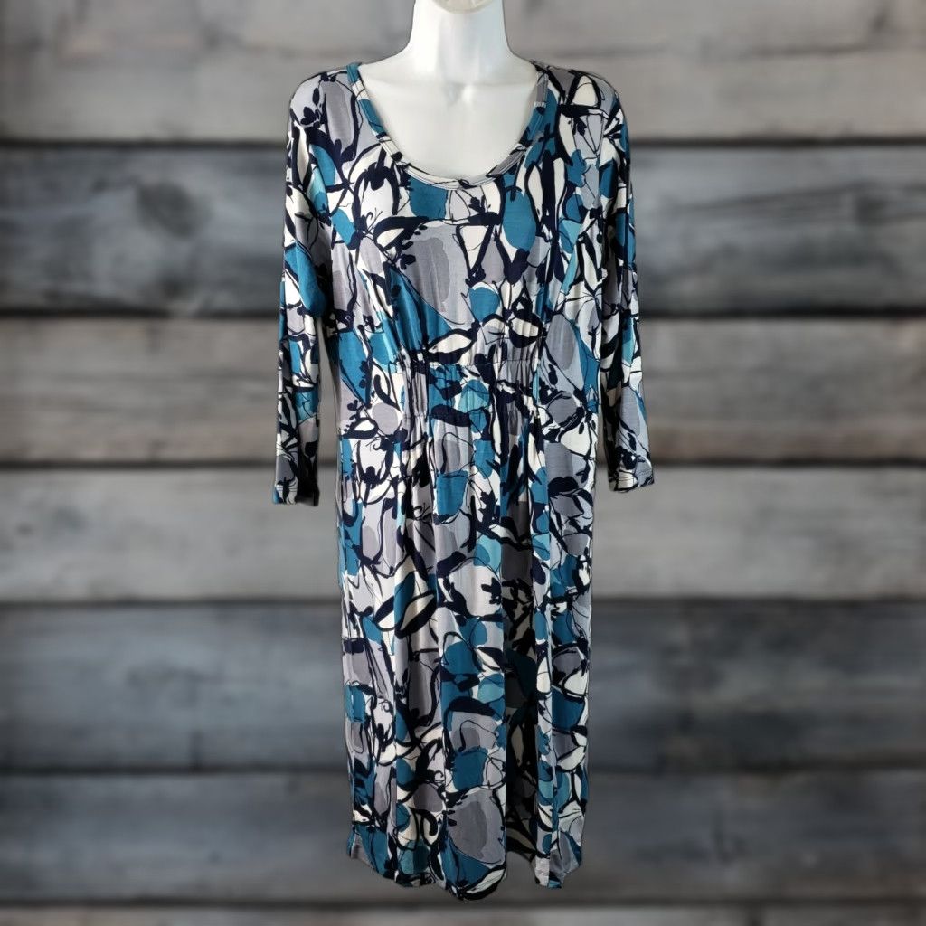 Vintage LOGO Instant Chic Womens Printed Knit Dress 3/4 Sleeve Sz Small Blue Gray | Pullover Sheath Knit Rayon Blend Dress Length Knee Length Mens? Size S / US 4 / IT 40 - 1 Thumbnail