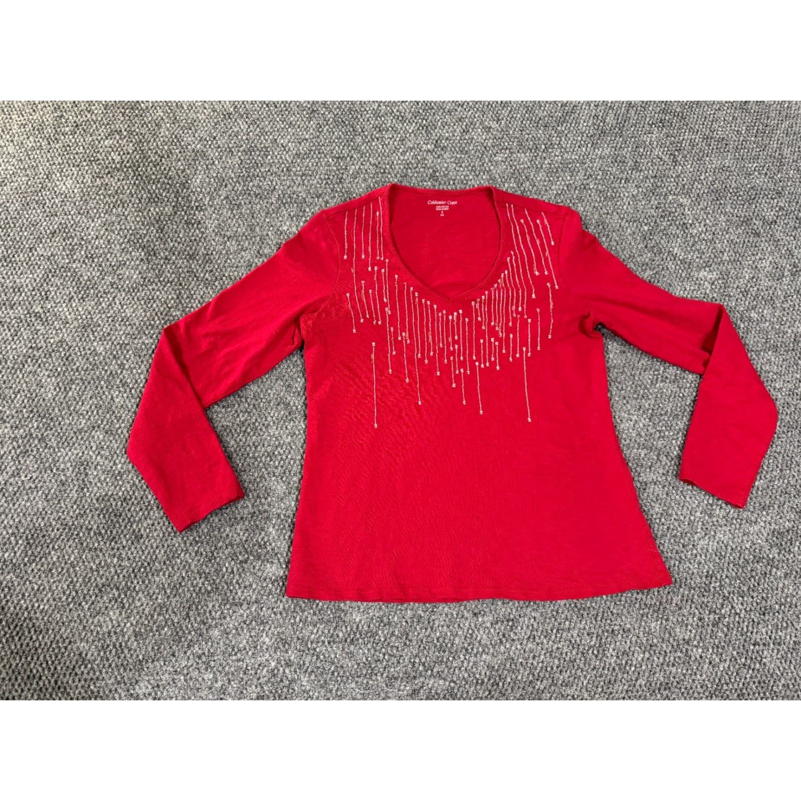 Coldwater Creek Coldwater Creek Blouse Shirt Womens Small Red Embellished Long Sleeve V-Neck Pullover Casual Knit Cotton Regular Stretch Vintage: No Size S / US 4 / IT 40 - 2 Thumbnail