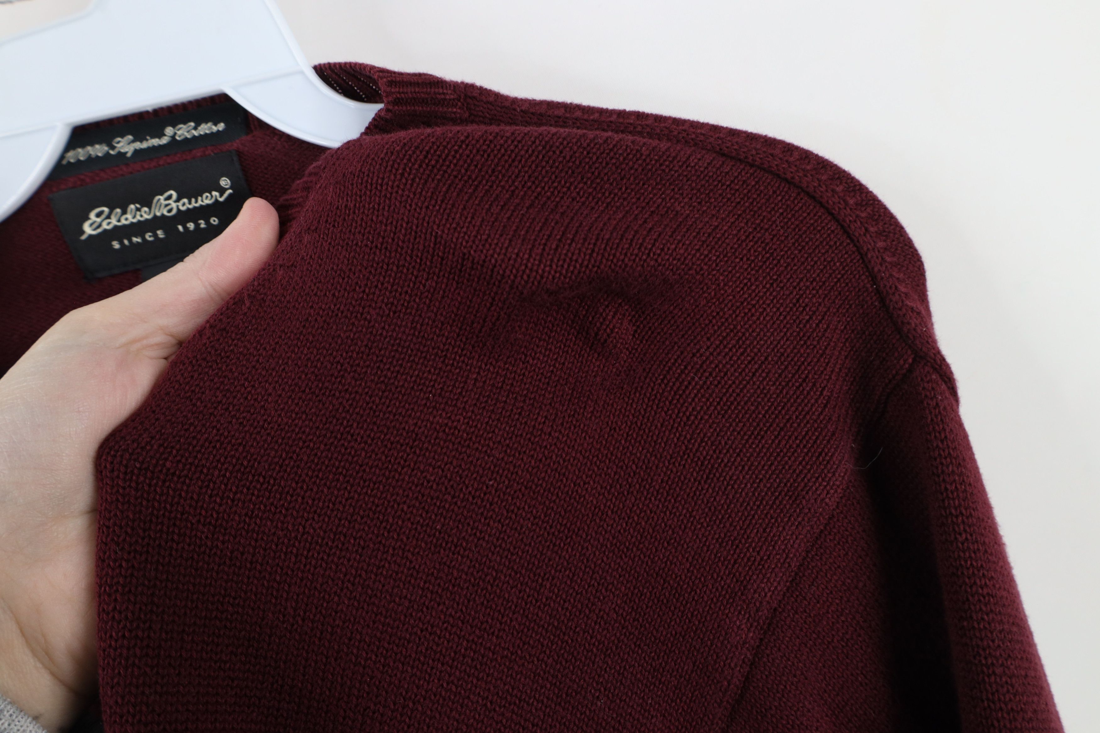Eddie Bauer × Vintage Vintage 90s Eddie Bauer Cotton Knit V-Neck Sweater Burgundy Size US XL / EU 56 / 4 - 5 Thumbnail