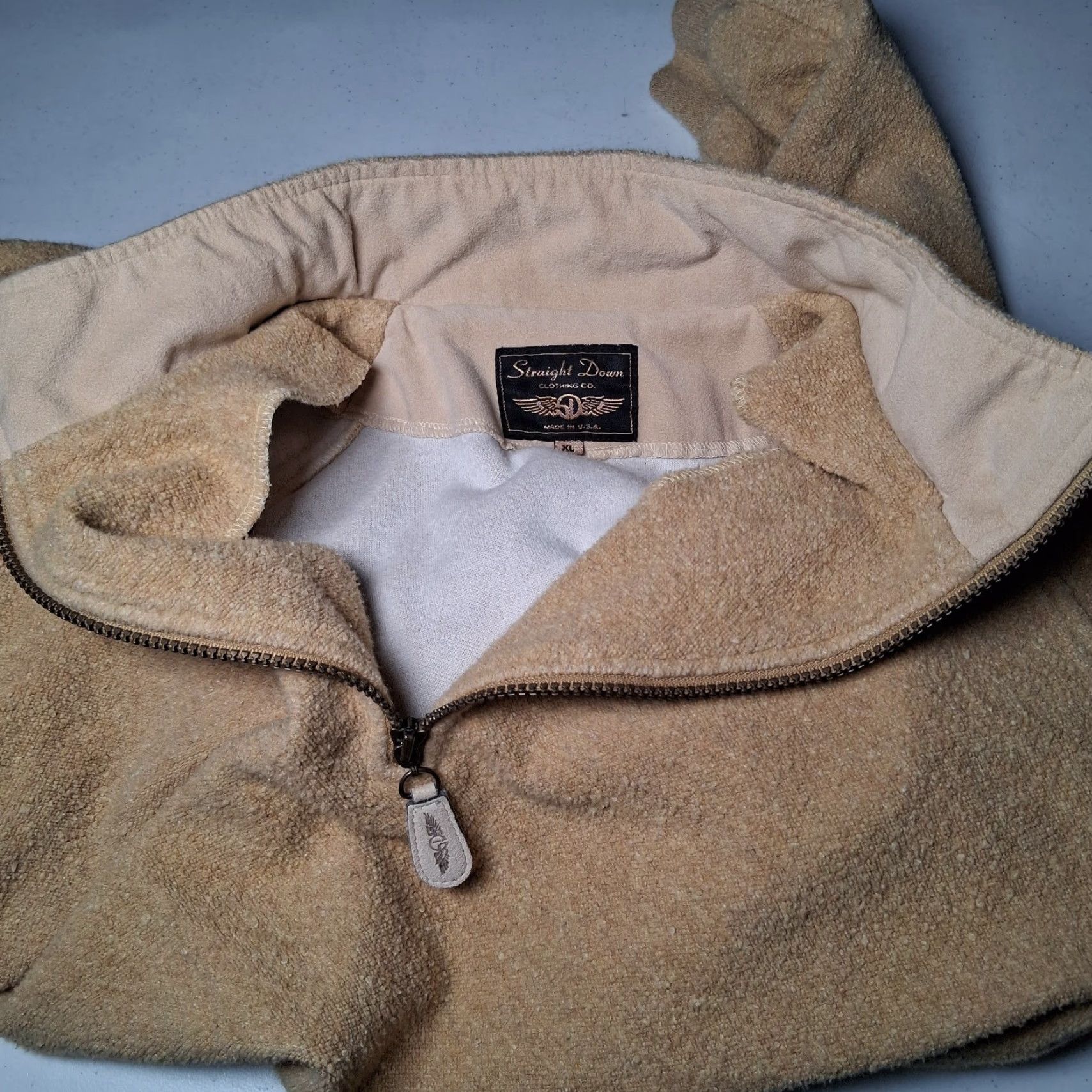 CLOT VINTAGE Straight Down Fleece Jacket Men XL Tan Pullover 1/4 Zip 1/4 Zip Stand-Up Collar Casual Winter USA Made Beige/Tan Terr y Cloth Cotton Blend Size US XL / EU 56 / 4 - 3 Thumbnail