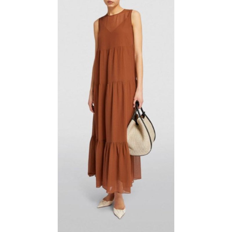 image of Max Mara Silk Blend Tiered Maxi Dress Sleeveless Size 6 Us in Brown, Women's