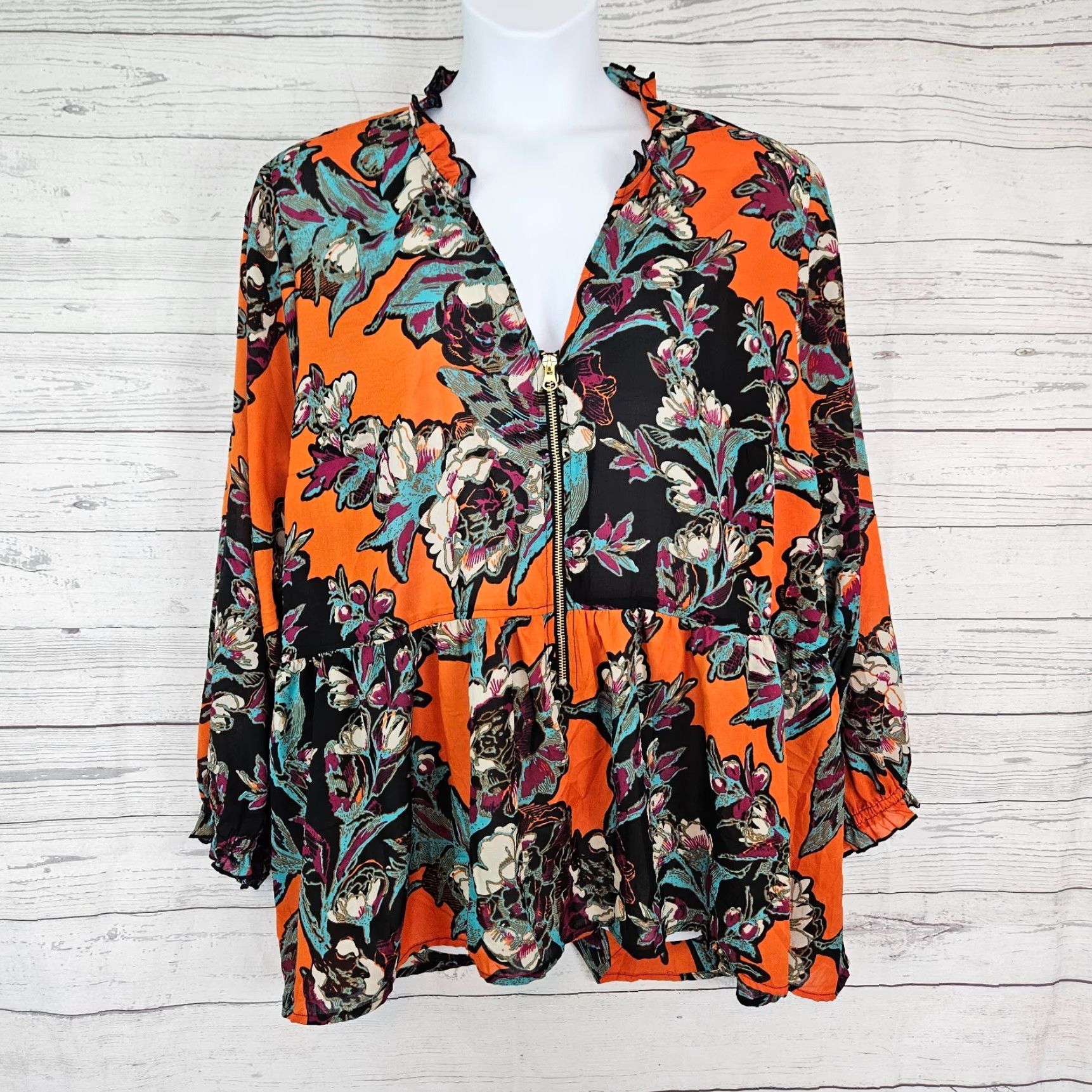 Vintage eShakti Womens Top Blouse Orange Purple Floral Zip Long Sleeve V-Neck 3X Plus Womens Size XXL / US 16-18 / IT 52-54 - 2 Thumbnail