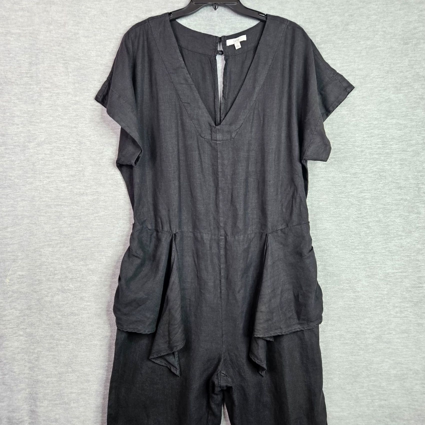 Joie Joie Women's Black Tie Waist Linen Short Sleeve Jumpsuit L Size 36" / US 14 / IT 50 - 6 Thumbnail