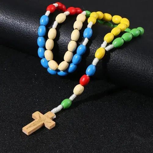 Jewelry Jesus Wooden Weave Colored Rosary Cross Pendant Necklace Size ONE SIZE - 3 Thumbnail