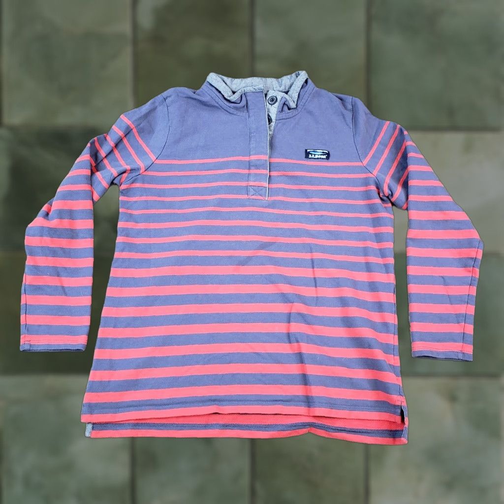 Bean Mens Henley Shirt Large Red Blue Striped Long Sleeve Casual