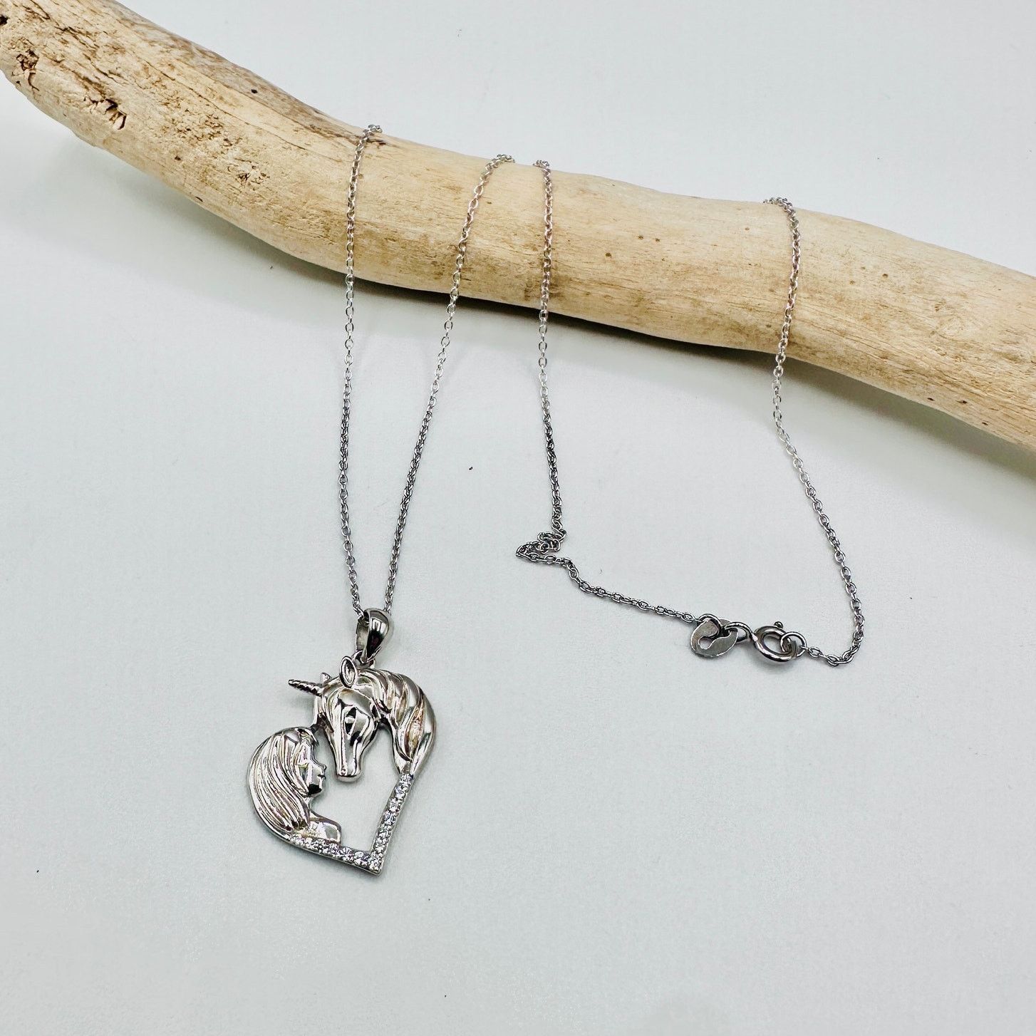 The Unbranded Brand Horse With Girl & Heart CZ Sterling Silver Necklace Size ONE SIZE - 1 Thumbnail