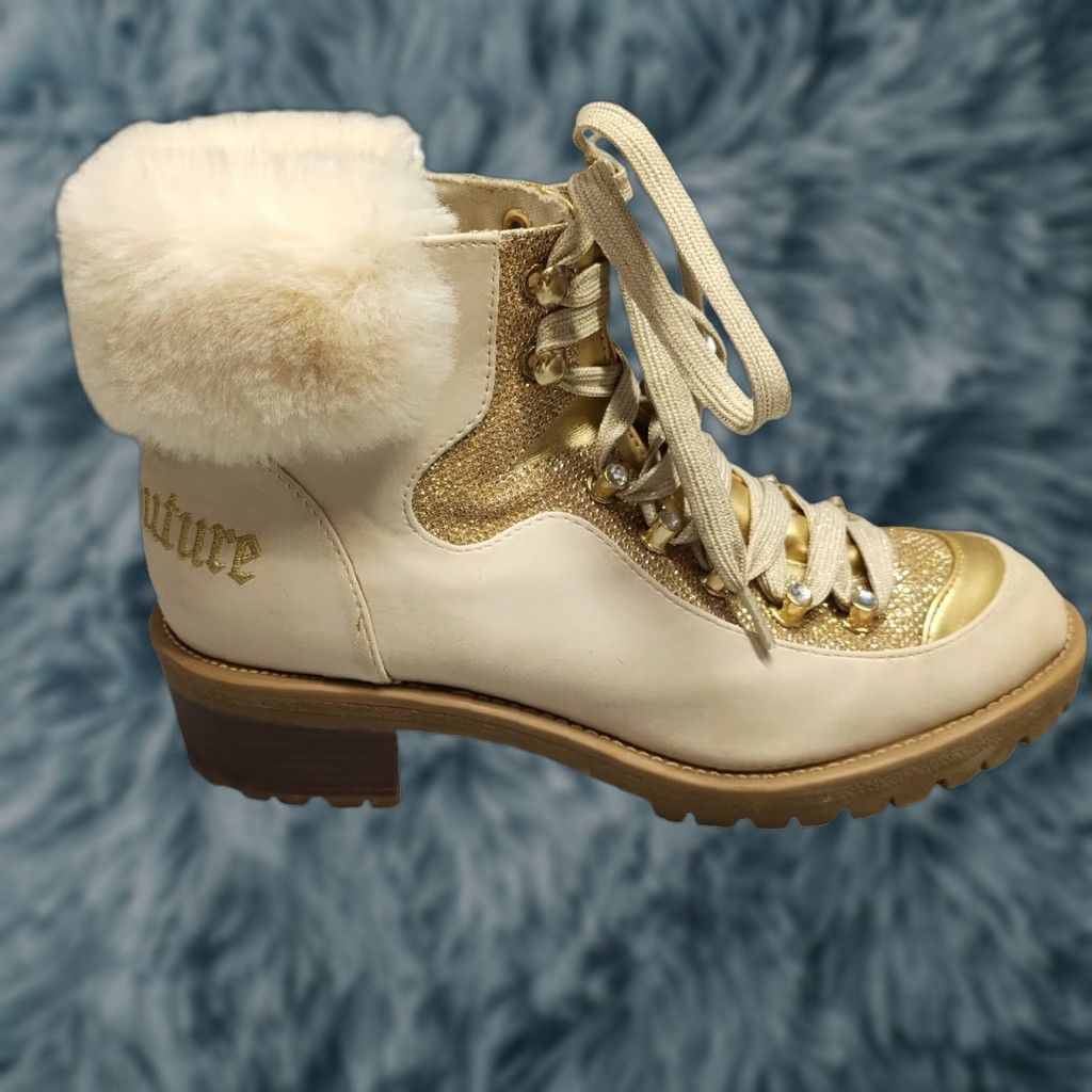 Juicy Couture Juicy Couture Heeled Boots Women's Size 8M Gold Sude Leather Faux Fur Lace-up Bootie Size US 8 / IT 38 - 1 Thumbnail